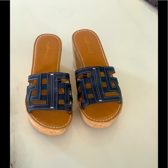 J. McLaughlin Shoes J Mclaughlin Piper Navy Blue Leather Cork Wedge Platform Heel Slip On